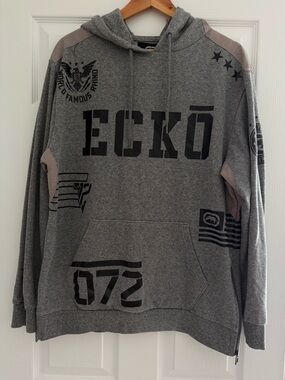 Ecko Unltd.Gray Graphic Pullover Hoodie XL Streetwear Y2K Zip Hem Logo Print